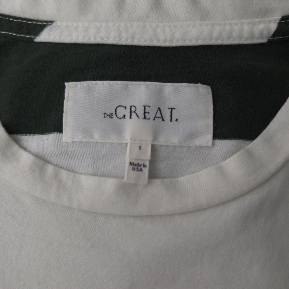 The Great. Striped Green and Cream Striped Crew T-Shirt - Picture 3 of 6